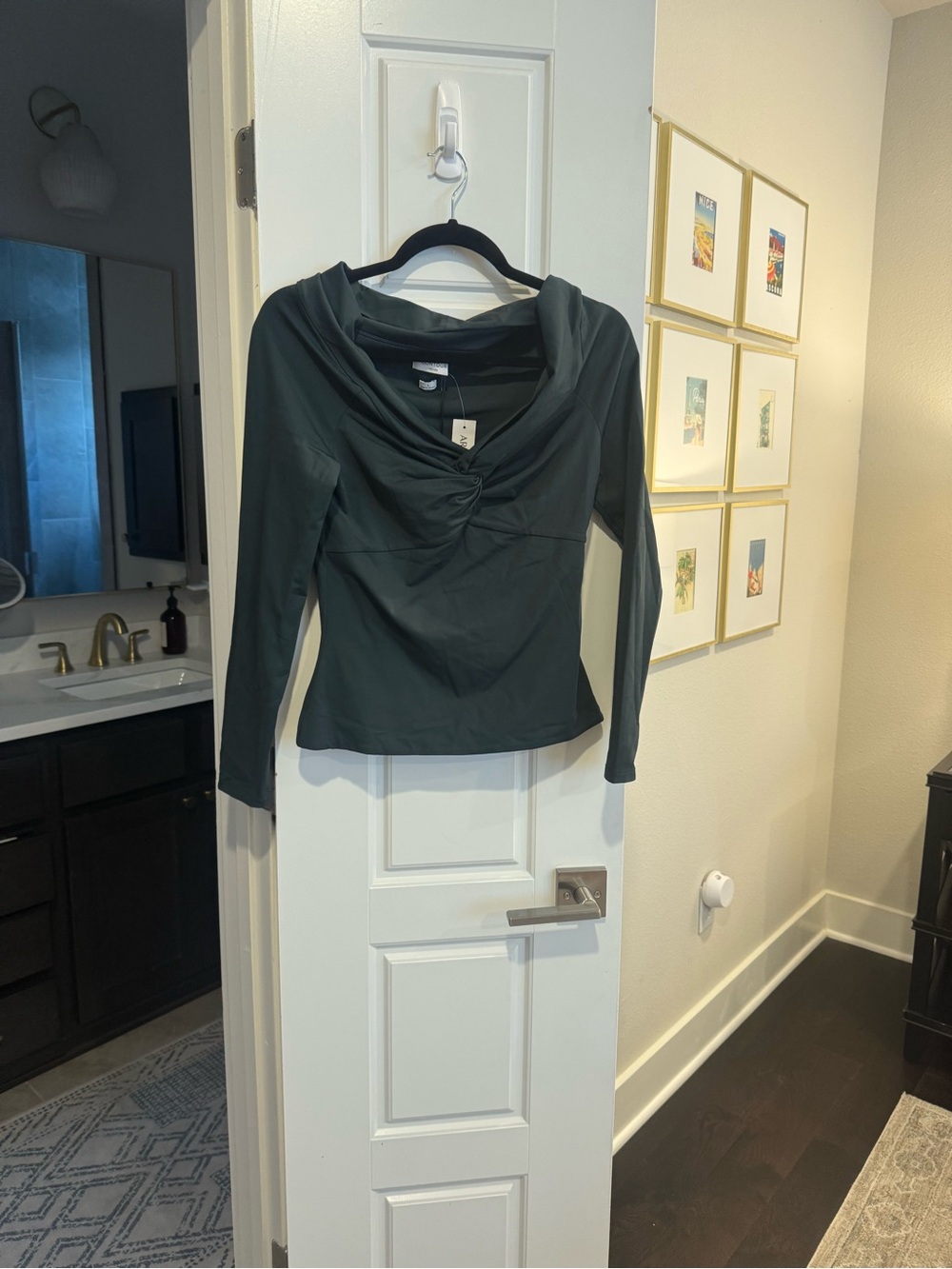 Aritzia Dark Green Long-Sleeve Draped Knot Top